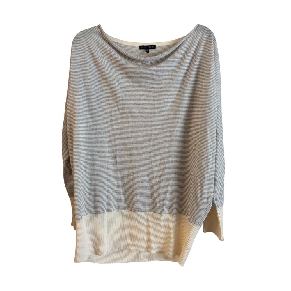 EILEEN FISHER Drape Neck Sweater Tunic 100% Fine Merino Stripes Size Medium